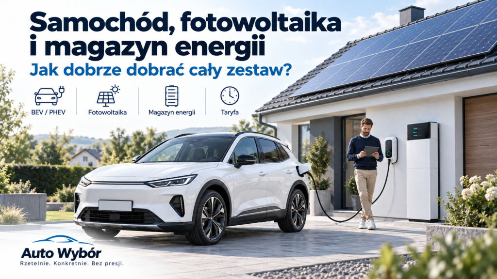 Jak dobrać BEV lub PHEV do fotowoltaiki, magazynu energii i taryfy? Sprawdź koszty jazdy, przykładowe obliczenia i warunki oszczędności z Auto Wybór.